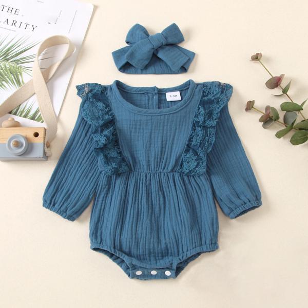 Wholesale baby summer Lace Ruffled muslin Buttons baby bodysuit with headwrap set