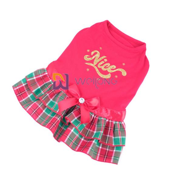 Yarn Dyed CVC Dog Christmas Dress Plaid Skirt Satin Ribbon Bow custom