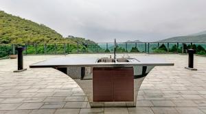 Boat Shaped Design Stainless Steel Outdoor Sink Cabinet With Rose Pink Wood