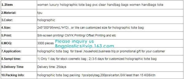 Neon Rainbow Hologram PVC Tote Bag custom holographic handbag PVC handle beach bag,Cosmetic Makeup Travel Pouch,Zipper