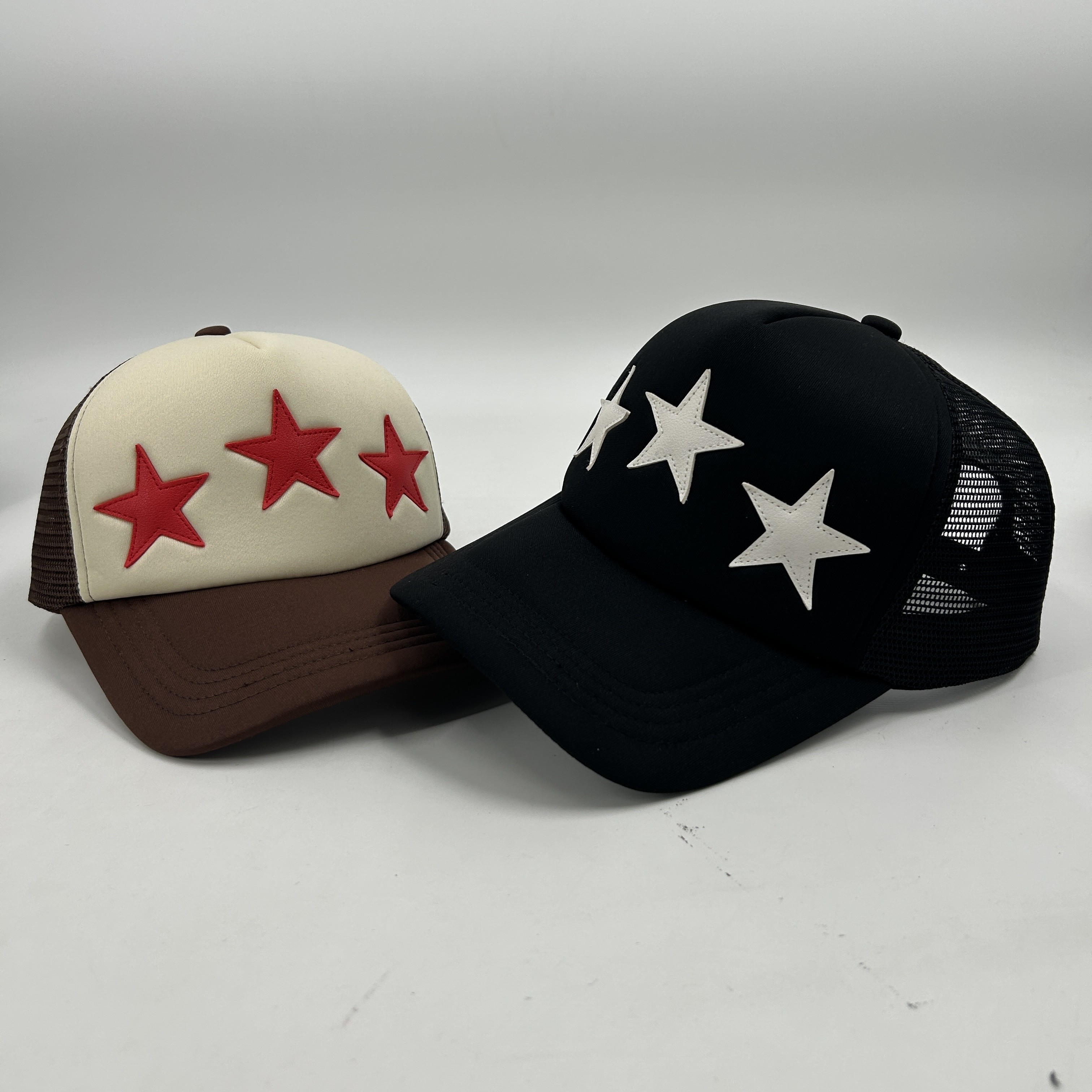 PU Leather Stars Mesh Trucker Caps Patches Foam Polyester Embroidered High Crown 5 Panels