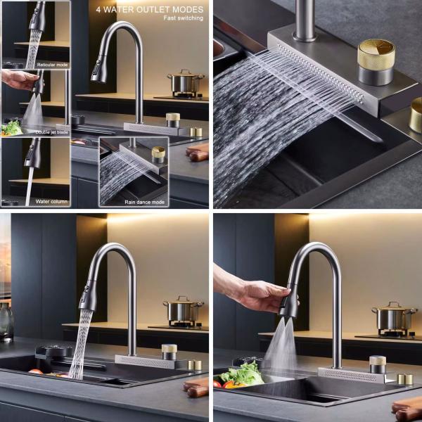 Modern Kitchen Faucet with Pull Down Sprayer Stainless Steel Brushed Nickel Commercial Bar Waterfall