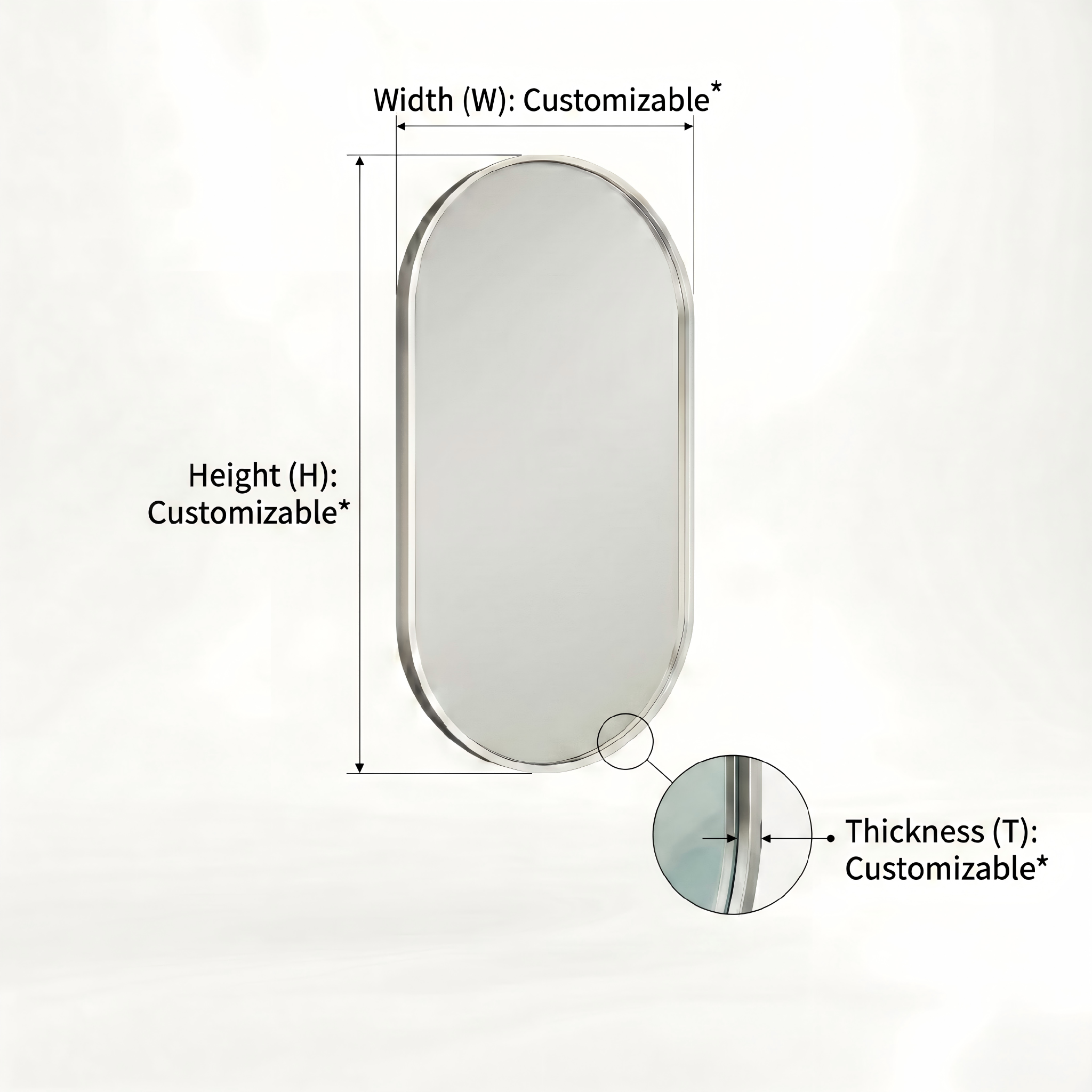 Kingstin Modern Oval Bathroom Mirror, Brushed Silver Stainless Steel Frame, Wall-Mounted Minimalist Vanity Mirror, Customizable