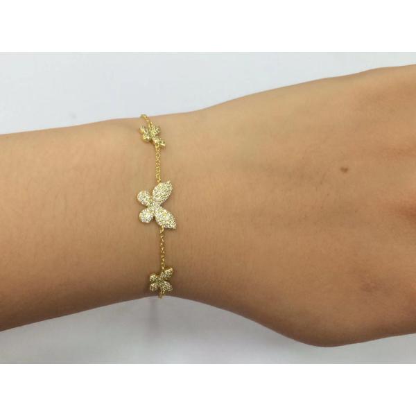 14K Золотой Трипл Бабочка Цепочка Браслет Чистый CZ Серебряный Цепочка Браслет 925