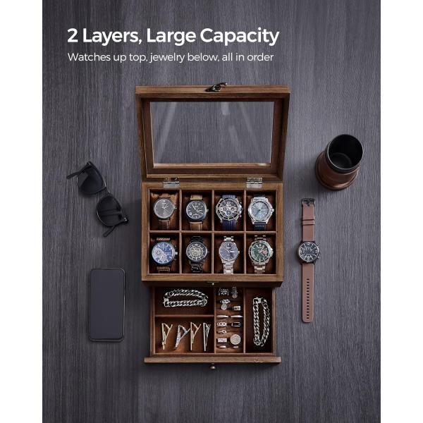 Handmade 8-Slot Rustic Walnut Wood Watch Box 2-Tier Display Case With Large Glass Lid
