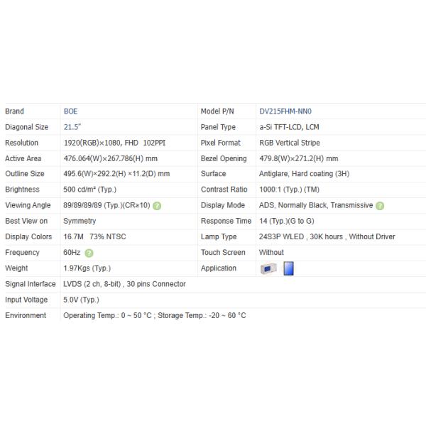 500cd/M2 21,5In TFT дисплейные модули DV215FHM-NN0 FHD TFT LCD дисплей