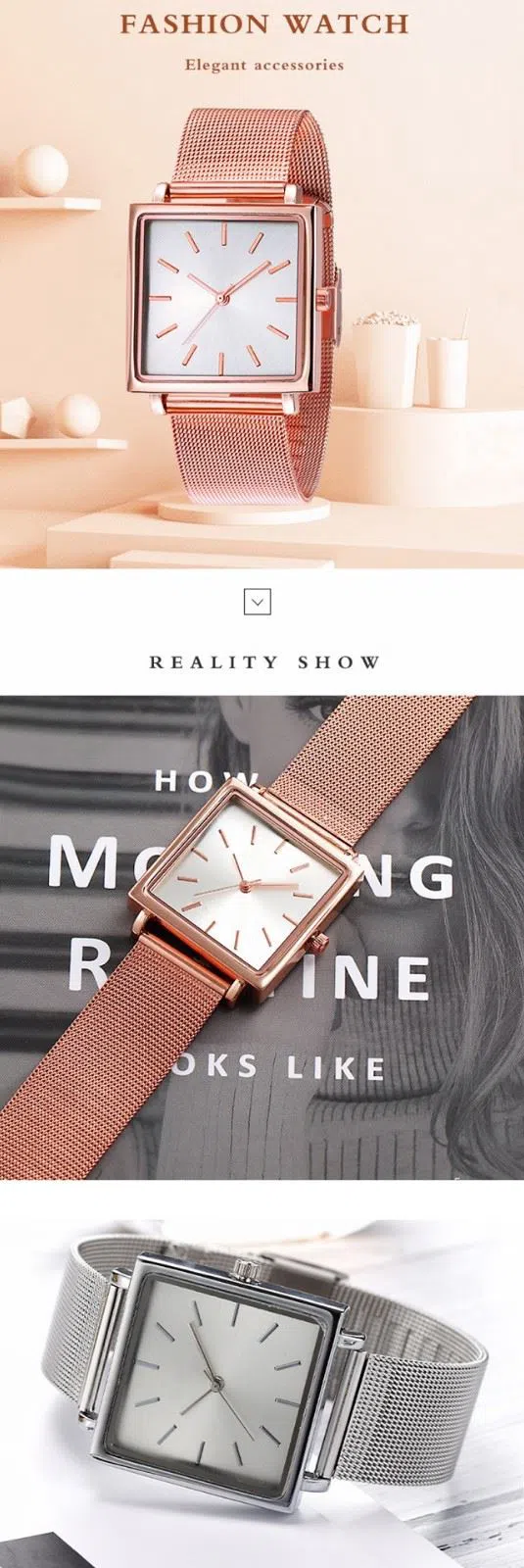 Stainless Steel Square Dial Watch Stylish Simple Mesh Belt 32mm Case