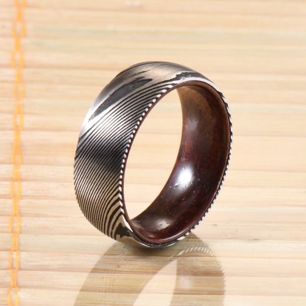 8mm Dome Latest Damascus Steel Ring With Polished Rosewood Sleeve Inlay Wedding Engagement Men's Gift Party TRENDY Style