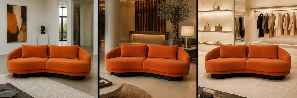 Sculptural Curved 2-Seater Sofa in Burnt Orange Upholstery SF-010