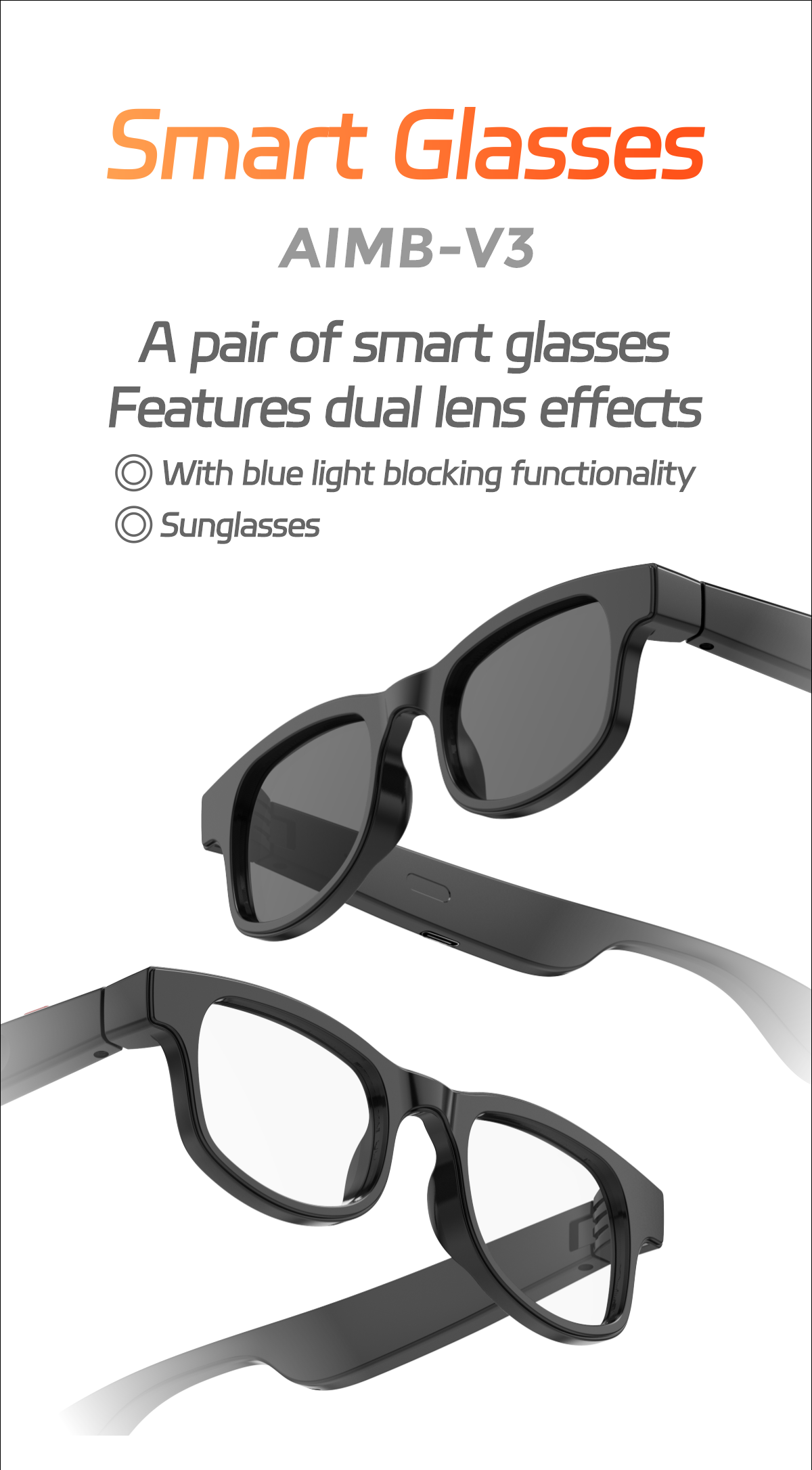 SHUNXIANG AIMB-V3 Anti-Blue Light Smart Glasses AI Voice Assistant Music Control Camera Remote Type-C Charging Voice App Control