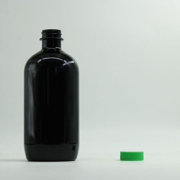 PET Collar Material 28mm 400 Neck Size Empty Black Round PDP Tris Plastic Bottles 500ml 16oz Cough Syrup Containers with Screw Cap