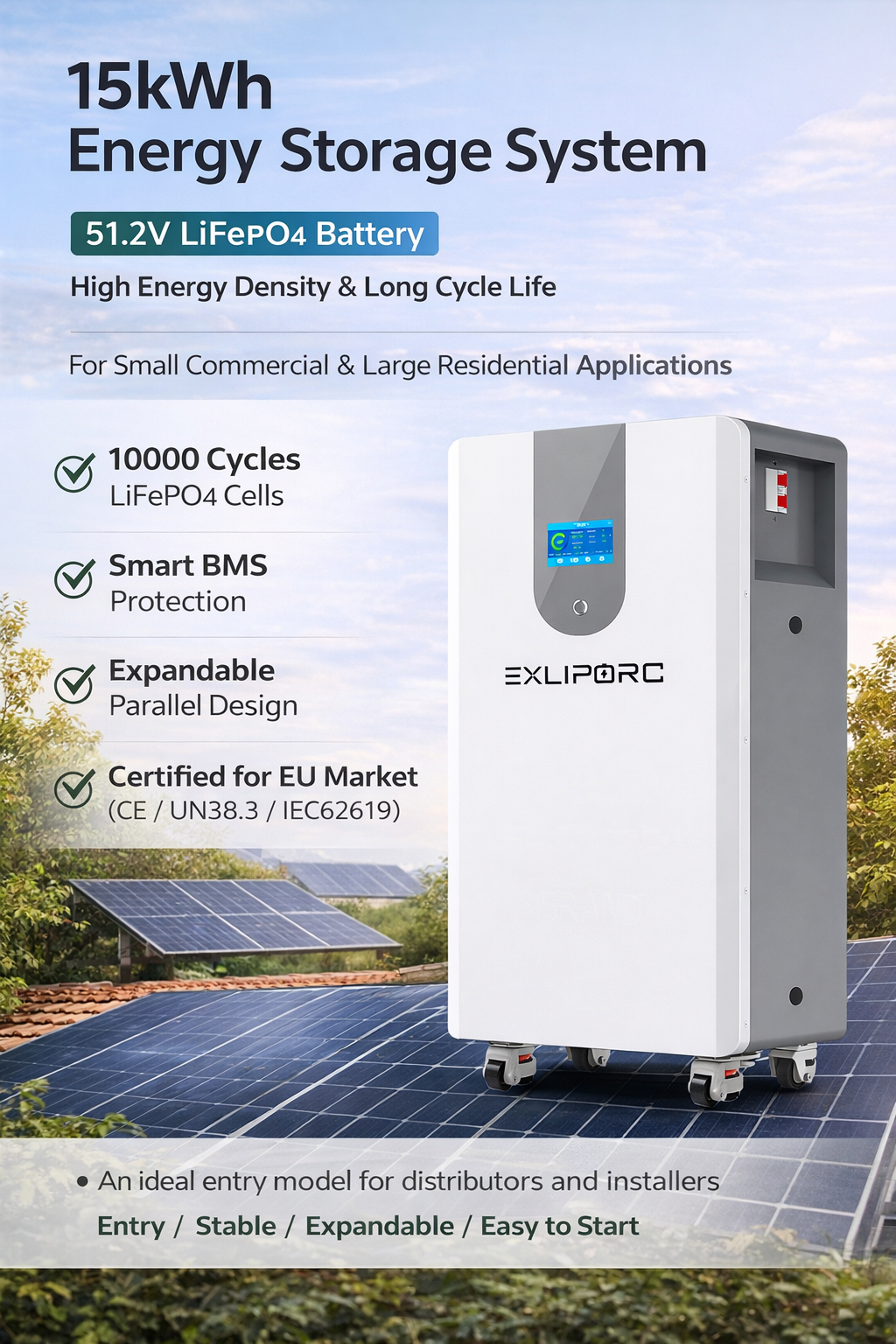 51.2V 300Ah LiFePO4 Lithium Battery with 10000 Cycles for Energy Storage Systems