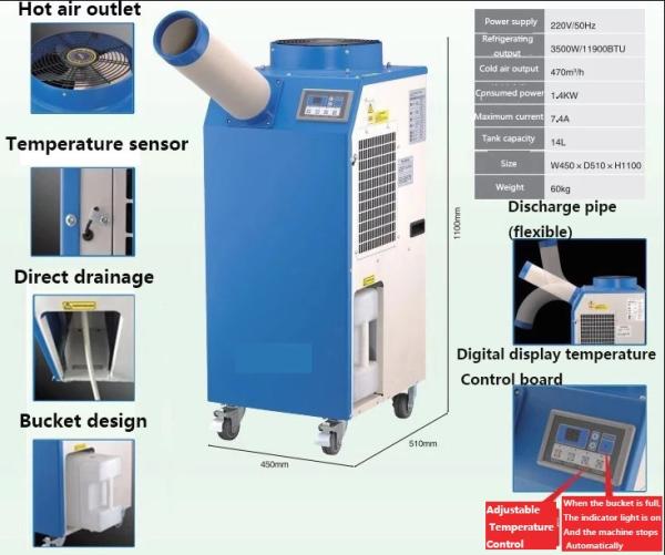 Single Duct Spot Air Cooler 3.5KW Manual Function Against Walls On 3 Sides