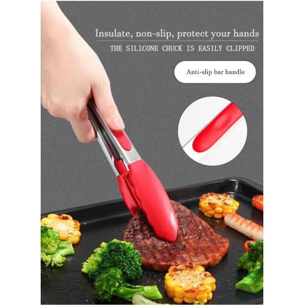 Red Silicone Clamp Stainless Steel Kitchen Grill Tongs for Outdoor Camping BBQ Buffet
