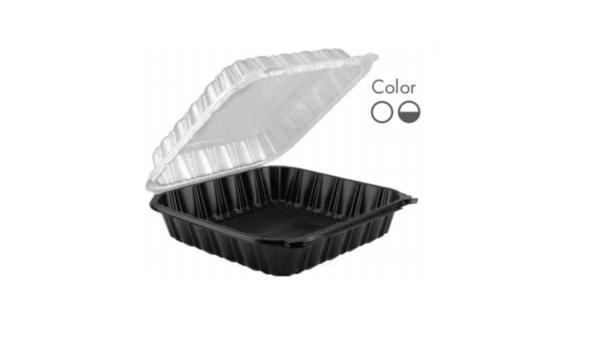 Transparent/ Black Transparent Disposable Food Box Microwave Safe Feature,PP Hinged Lid Clamshell Container,9.2”x9.5”x3”