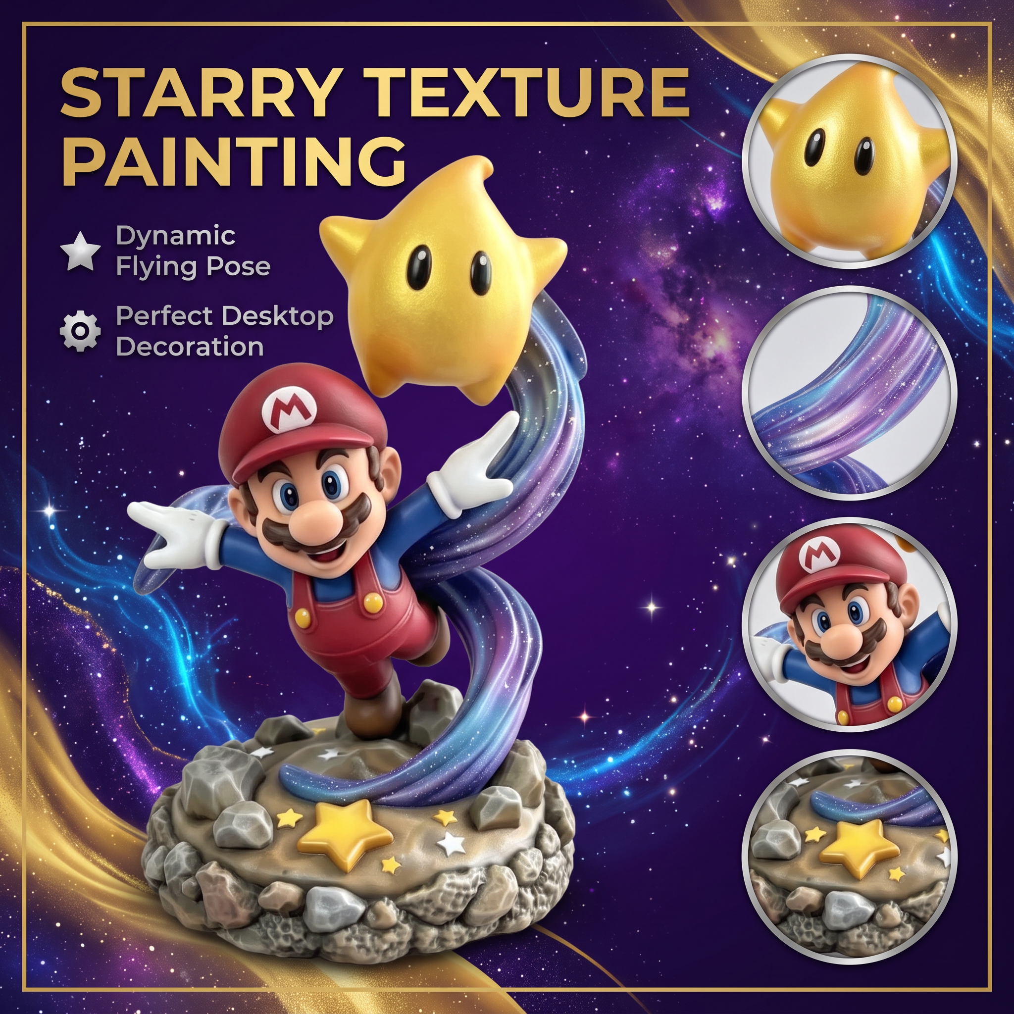 Detailed Painted Ornament 3D Printed Toys Galaxy Star Mario Statue