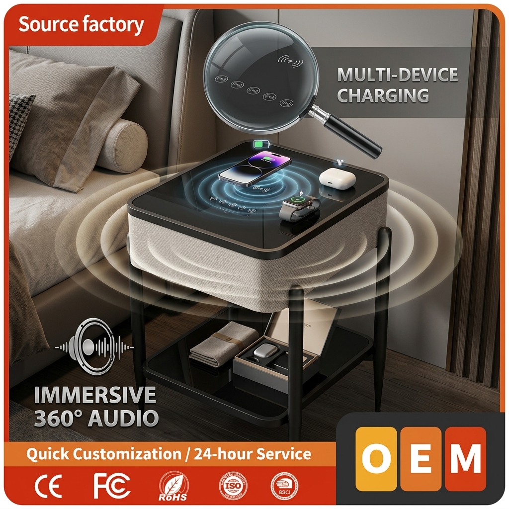 Wireless Charging Side Table ATC639 65W Multi Function Bedside Table Modern Bedroom