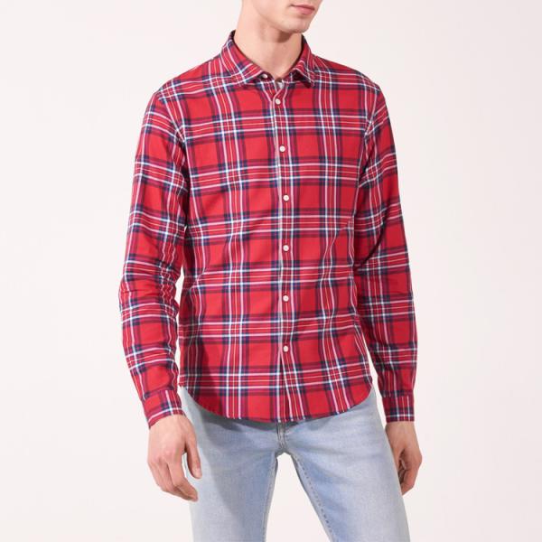Polyester / Cotton Mens Fashion Casual Shirts , Red Plaid Long Sleeve Shirt