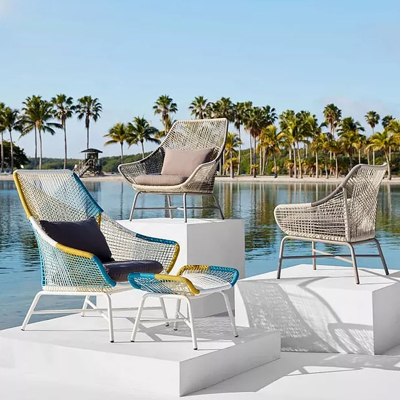 Modern Outdoor Waterproof Portable Eco-Friendly Rattan Wicker Patio Lounge Chair Recliner Foot Pedal Set for Garden Dining