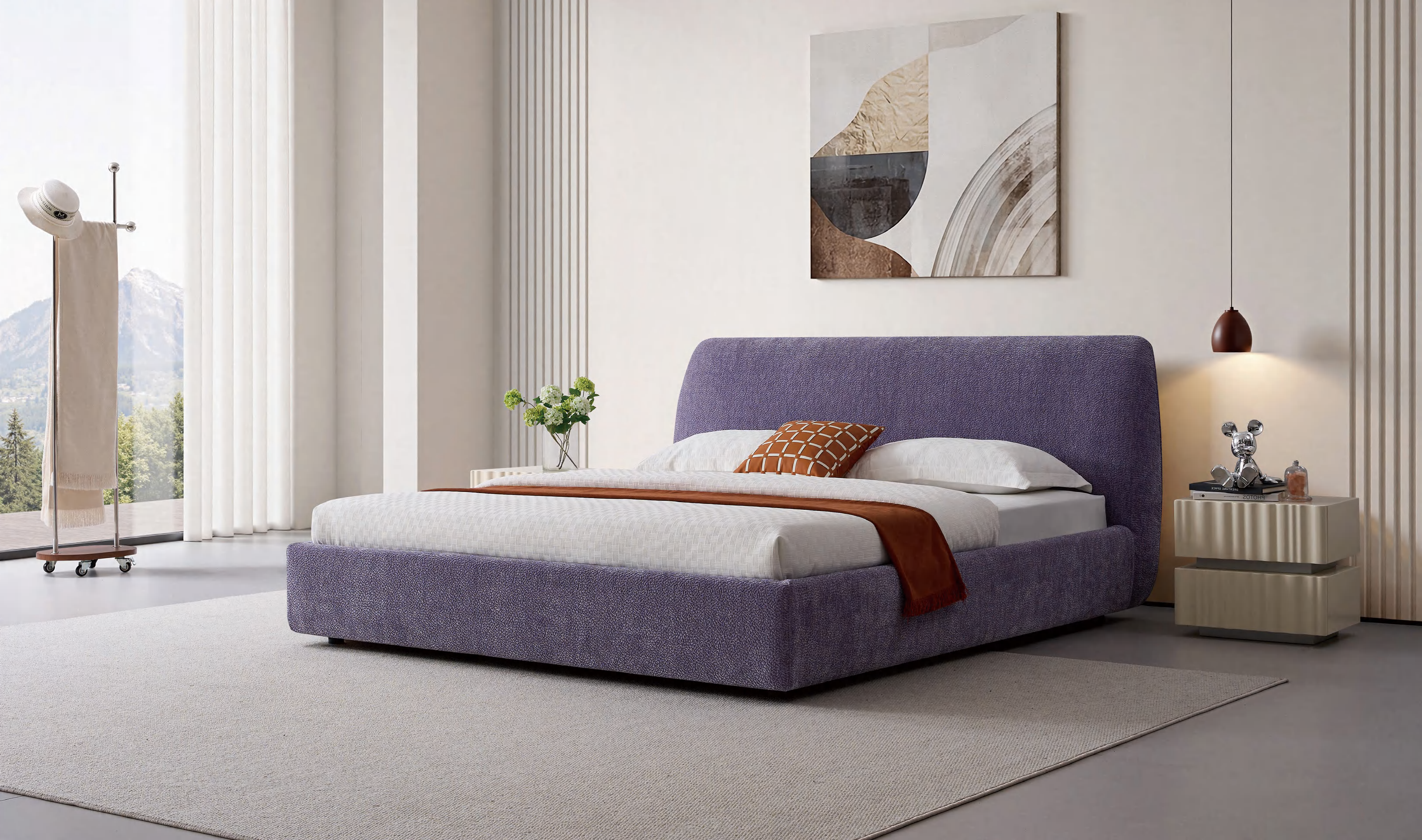 Modern and elegant purple soft bag fabric bed ,Apartment furniture