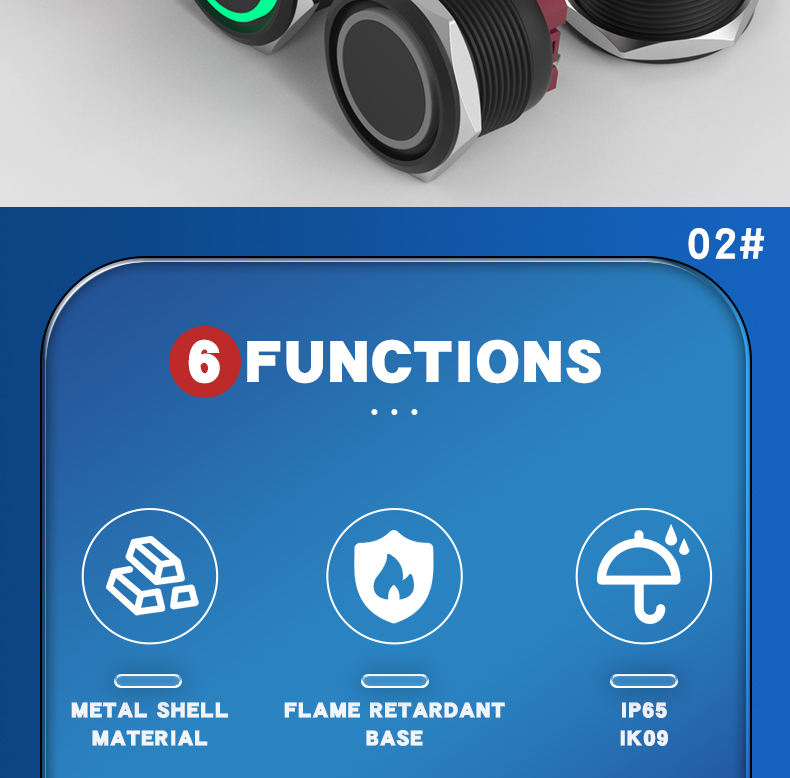 HongYe 22mm Metal Push Button Switch 15A High Current Alumina Black Housing Self-Locking Momentary 1NO IP65 Max 220V LED Ring