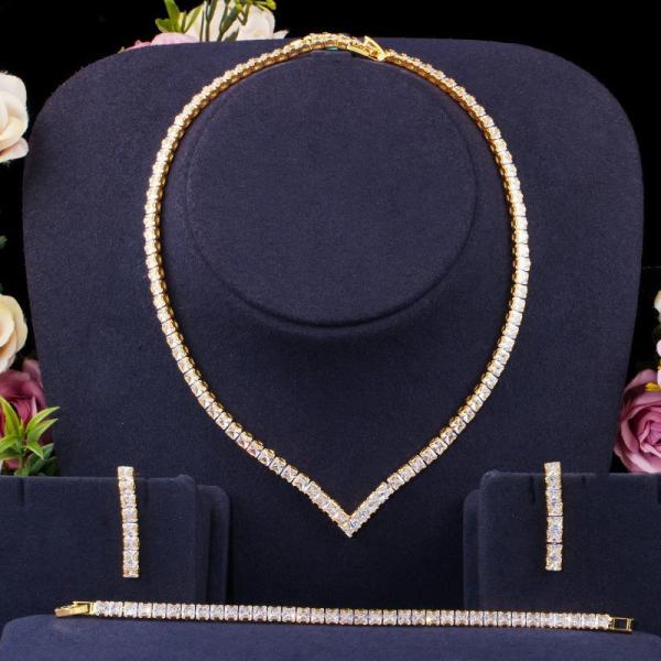 White Gold Color Luxury Bridal CZ Crystal Necklace and Earring Sets Big Wedding Jewelry Sets For Brides