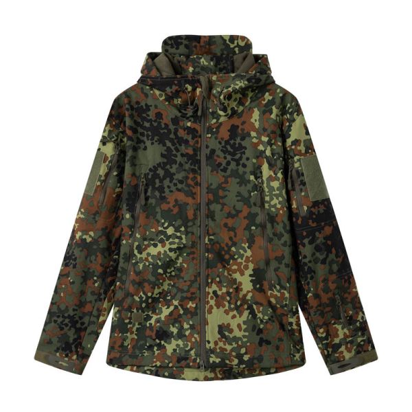 Windproof Fleece Lined Hunting Jacket with Flecktarn Camouflage for Woodland Tactical Use