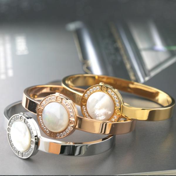 Stainless Steel Bracelet with White Shell, Diamond Cuff Bangle, Silver , gold color women bangle