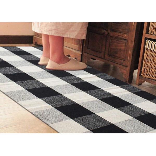 60*90 Cm Cotton And Linen Black And White Plaid Mat , Woven Outdoor Porch Mats