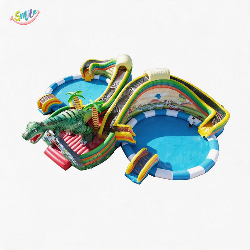 Inflatable Dinosaur Water Park, Dino Theme Inflatable Water Slide with Double Pools, Commercial Kids Aqua Play Equipment