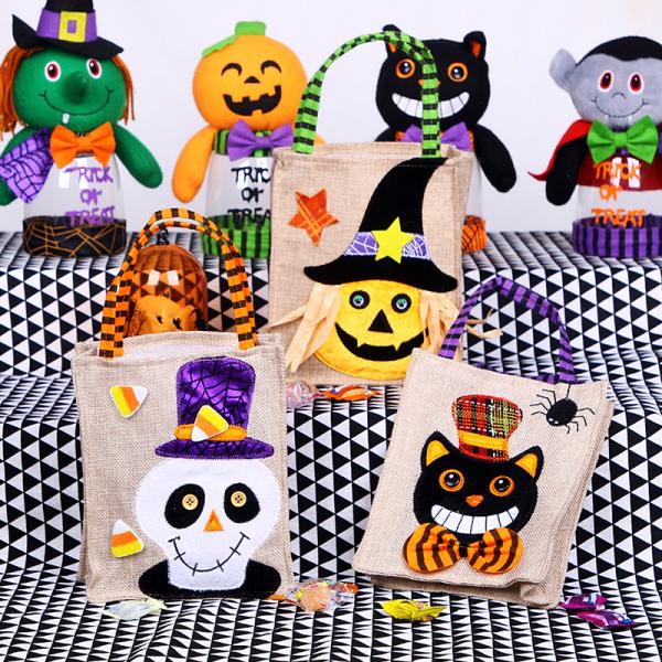Open Closure Reusable Halloween Pumpkin Witch Skeleton Linen Bag for Candy Collection