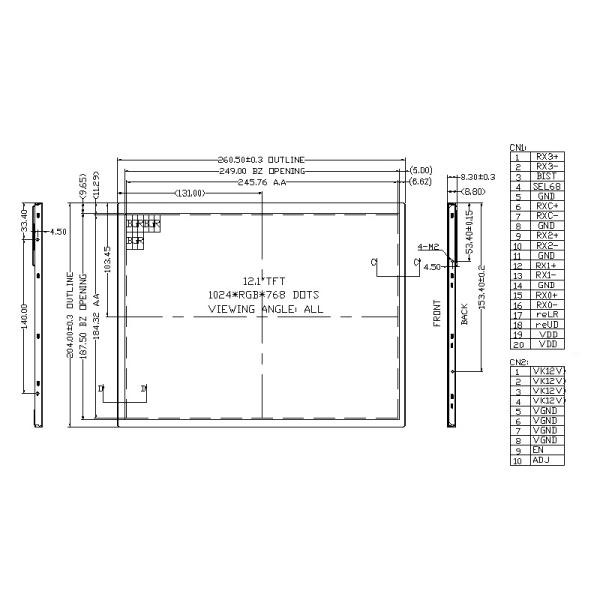 500cd/M2 12,1 дюймовый Lcd Tft Модуль, 1024X768 С 20-прикольным LVDS интерфейсом