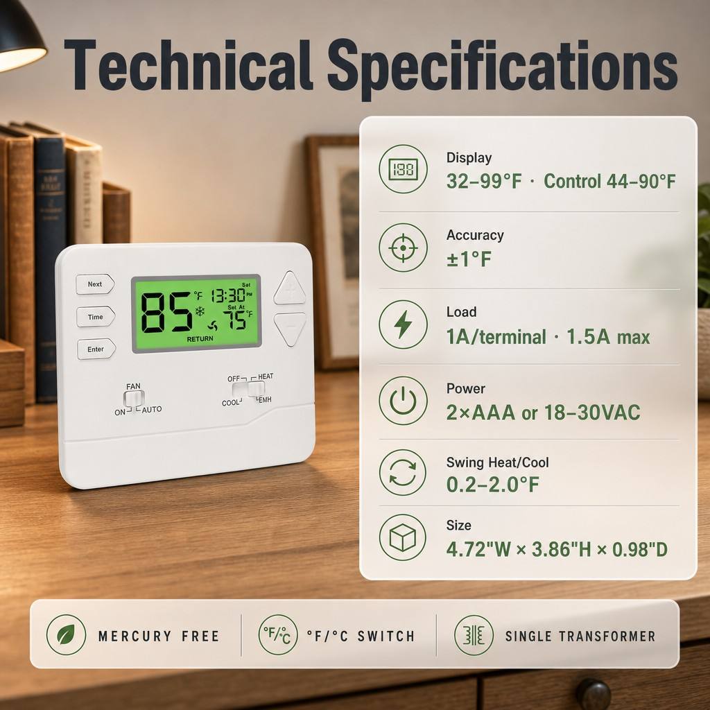 Riseem 1 Amp Per Terminal Load Rating Heat Pump Thermostat for System Operation in Conventional Or Heat Pump Applications