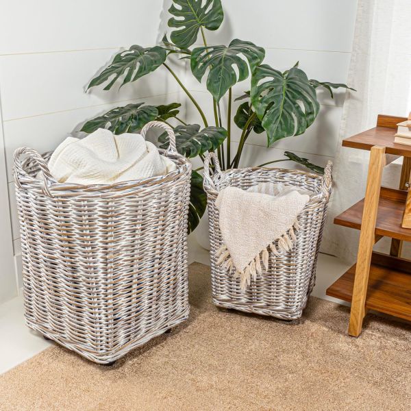 Hand-Woven Rattan Nesting Wicker Storage Baskets W/ Wheels And Handles, Seagrass Container For Decoration In Bedroom, Laundry Room,White Wash/Kubu Gray