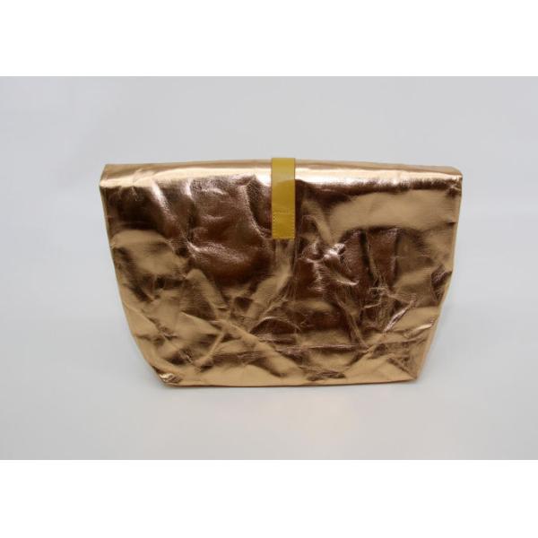 OEM Washable Kraft Paper Makeup Cosmetic Bag Rose Gold With Metal Button Closing
