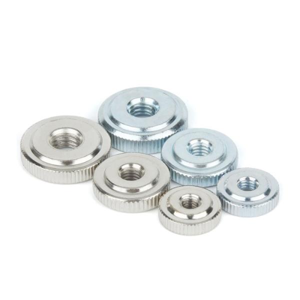 1/4-20 Steel Flat Knurled Nuts With Tapped Through Holes