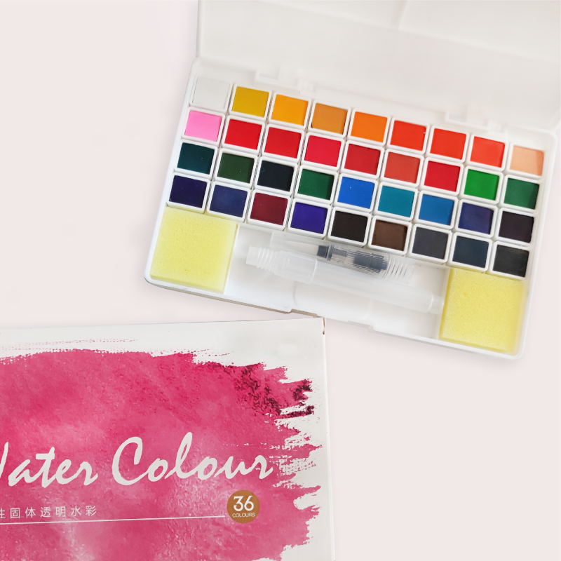 Hot selling multi-color OEM 36pcs water-based solid transparent watercolor painting set for kids drawing