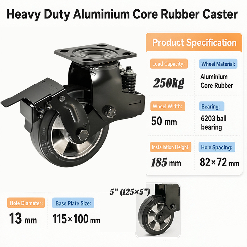 Heavy Duty Shock Absorption Aluminum Core Rubber Spring Caster  250 Kg  6203 Bearing  Hotel Housekeeping Carts