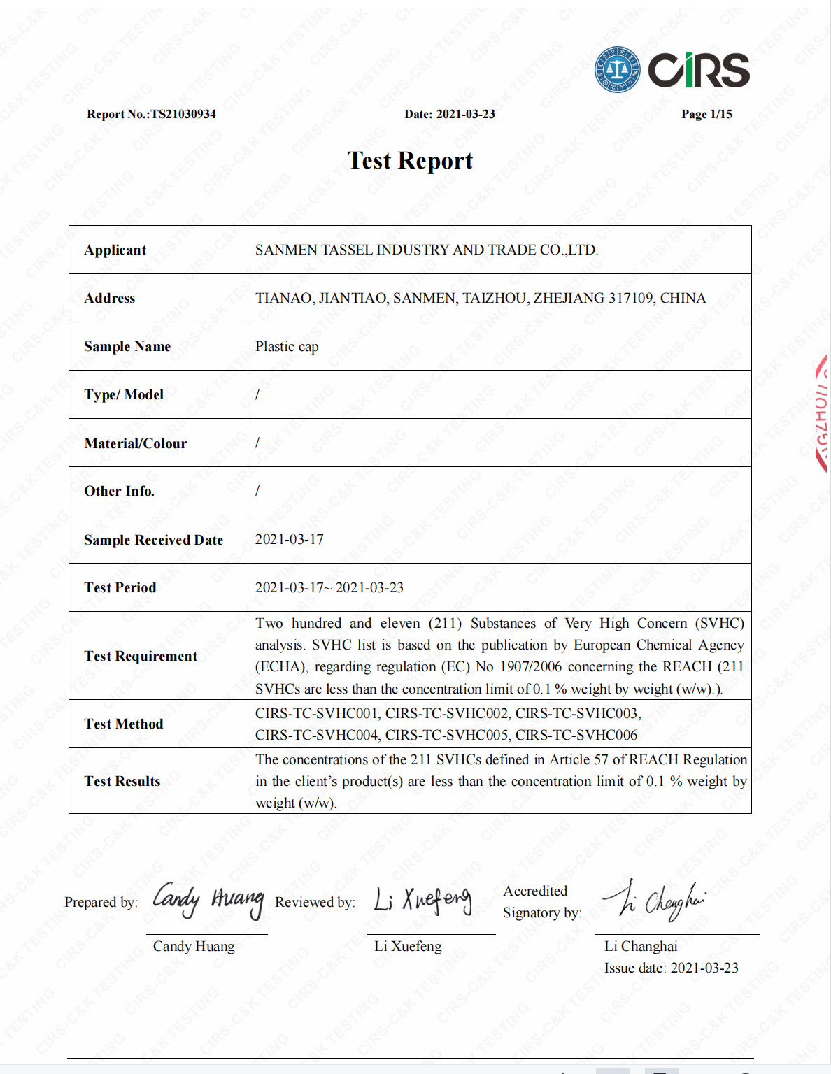Sanmen Tassel Industry and Trade Co.,Ltd. Сертификации