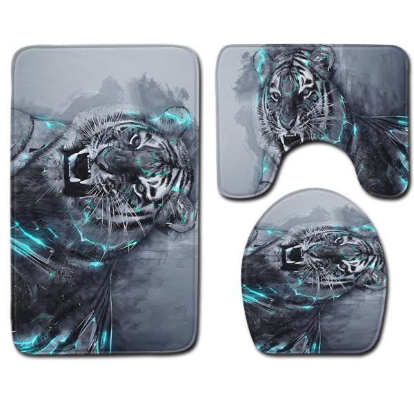 Wild Animal Toilet Seat Cushion Tiger Leopard 3pc Bathroom Rug Set