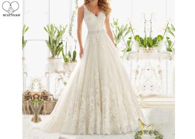 Plus Size Long Tail Bridal Gown V Neck Sleeveless Lace Backless Beaded Belt