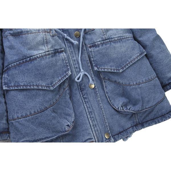Fashion thick cotton-padded fur collar denim jacket winter hooded jeans waterproof coat women