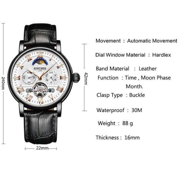 Black Leather Luxury Mechanical  Watches White Dial Automatic Movement