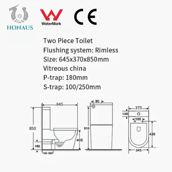 European CE Square Close Coupled Toilet Rimless Water Closet 645*370*850mm