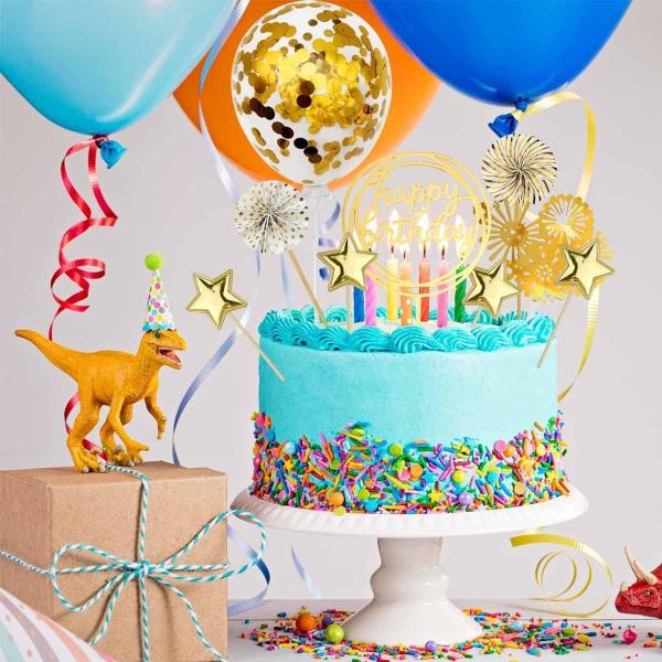 Birthday Paper Fans Banner Confetti Balloon Fireworks Golden Cupcake Topper For Gold Theme Party Decor Girl Boy Kid