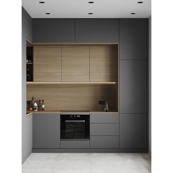 Blum Handleless Light Gray Matte Storage Cabinets for Modern Kitchen Furniture Design