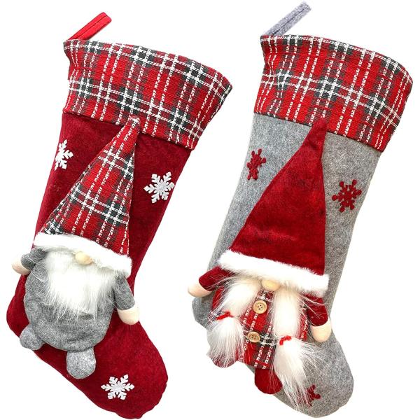 Christmas Stockings New Set 3D Gnomes Santa Christmas Stockings Personalized Soft Classic Red and Grey Fireplace Hanging