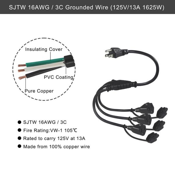 NEMA 5-15P Extension Cord Splitter 1 to 3 Outlet 16/3 AWG