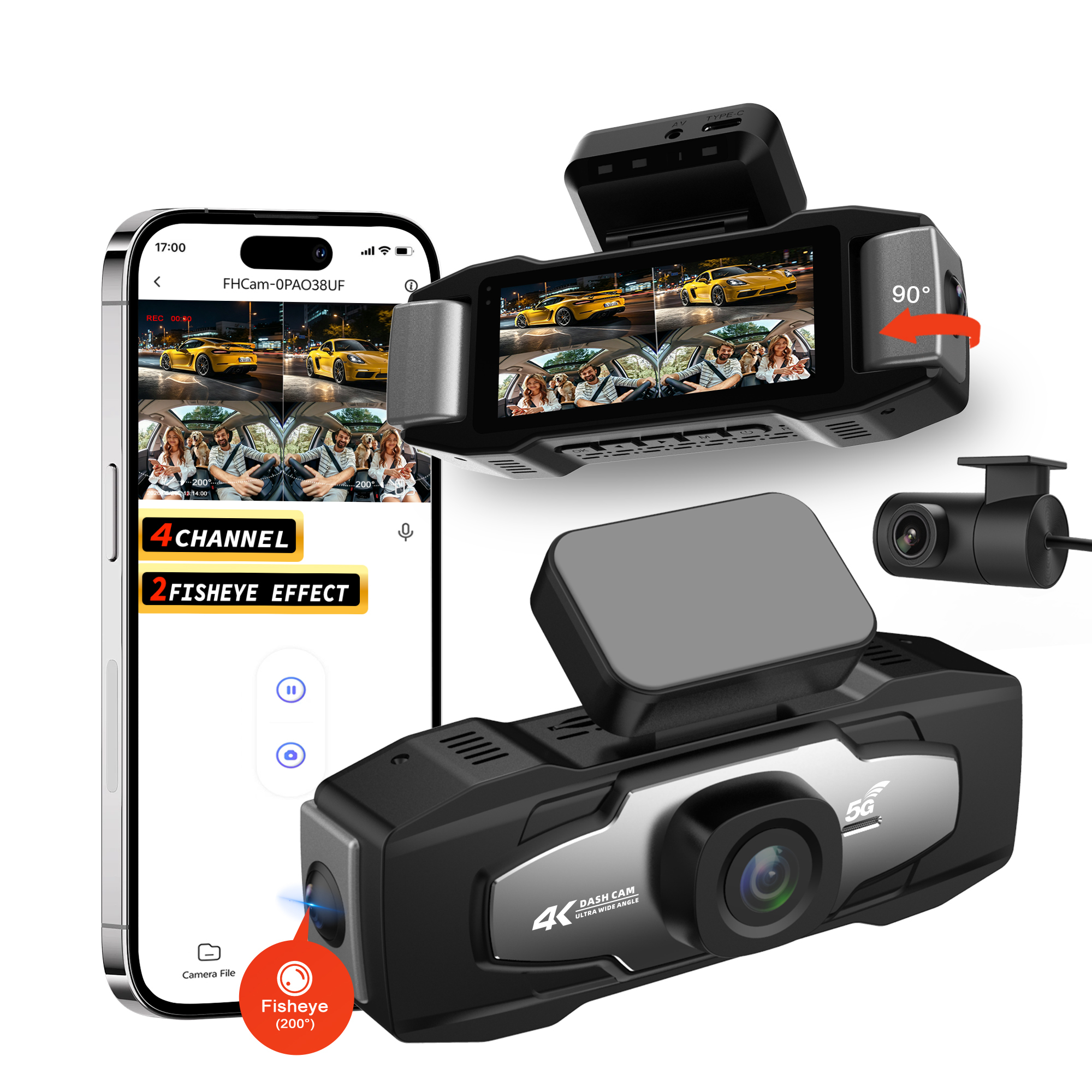 Four Channel 4K Dash Cam 180 Degree Fisheye Lens 5G WIFI Vehicle Camera