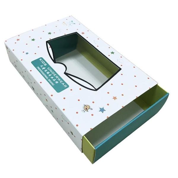 Custom Kids Underwear Packaging Box with Clear Window Drawer Style White Cardboard Box with Cartoon Design